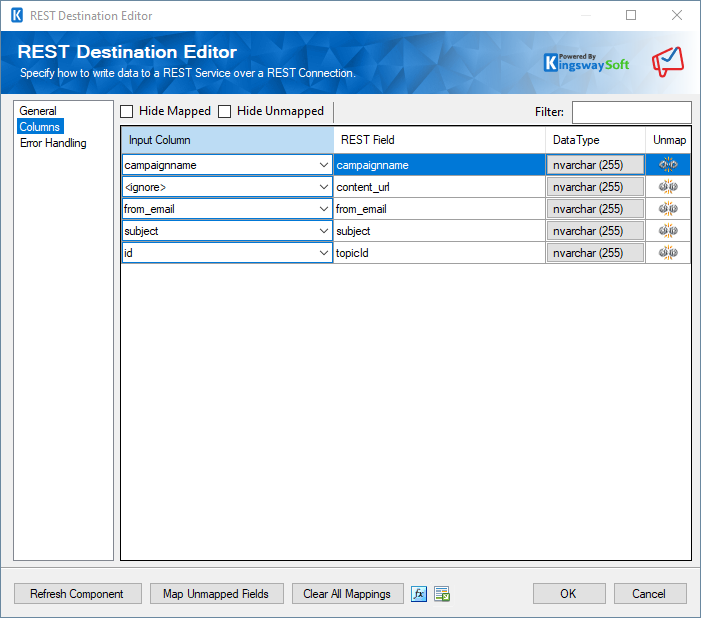 SSIS Zoho Campaigns Destination Component - Columns